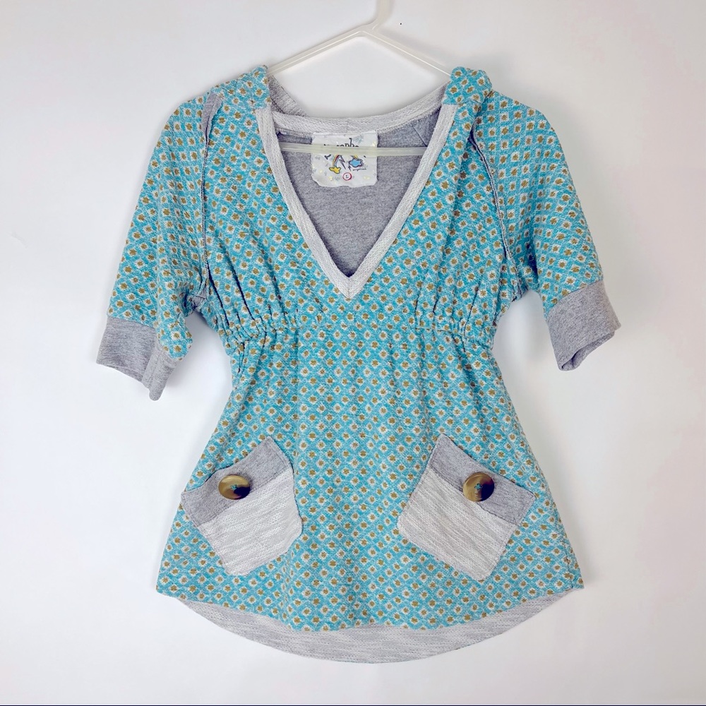 Scrapbook Teal Floral V-Neck Tunic with Gray Accents
